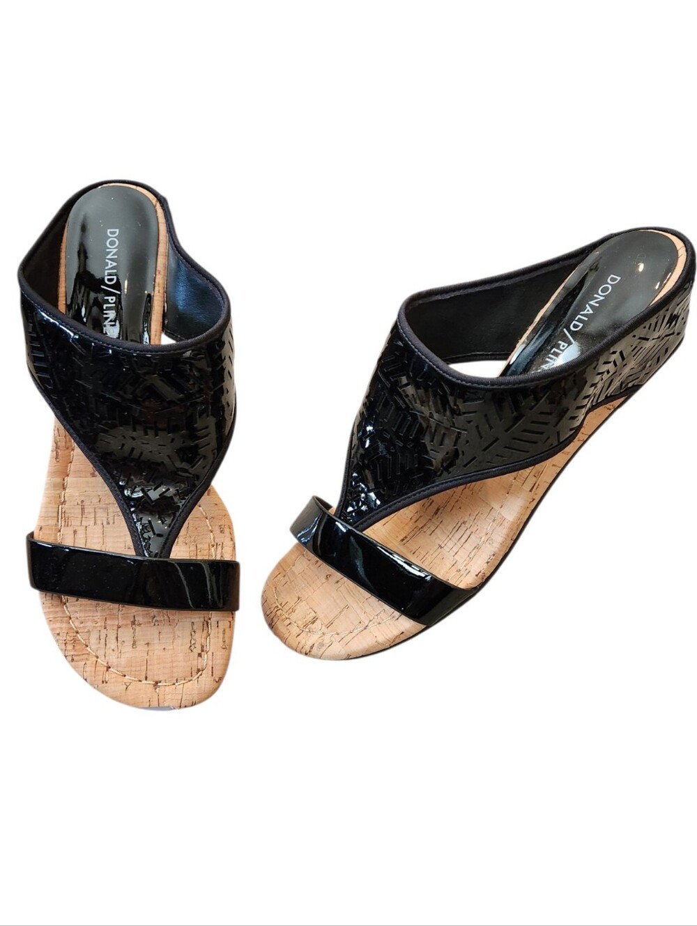 Donald J. Pliner Black Patent Leather/Cork Wedge Sandals Size 7.5M Toe Strap